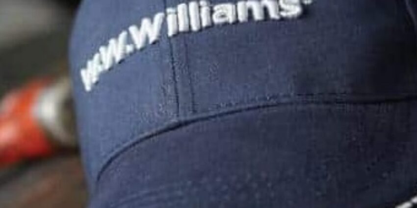 Close up view of a navy-colored W.W. Williams baseball hat with white lettering.